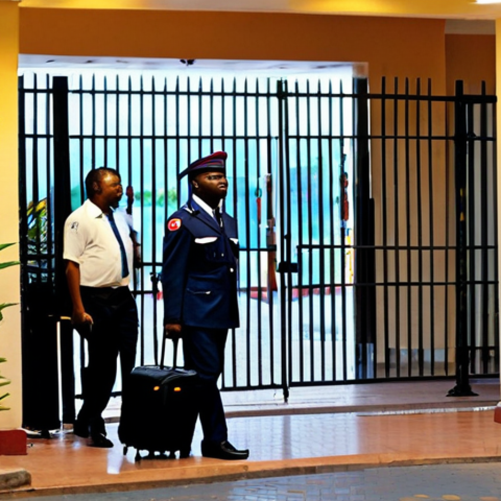 Safe Hotel Arrival**
"A fully clothed traveler arriving at a modest, secure hotel in Bangui at dusk. Security guards are visible at the entrance. The hotel has a high fence and bright lighting. The traveler is carrying a suitcase. Safe for work, appropriate content, professional environment, well-lit, perfect anatomy, natural proportions, fully clothed, family-friendly."
**