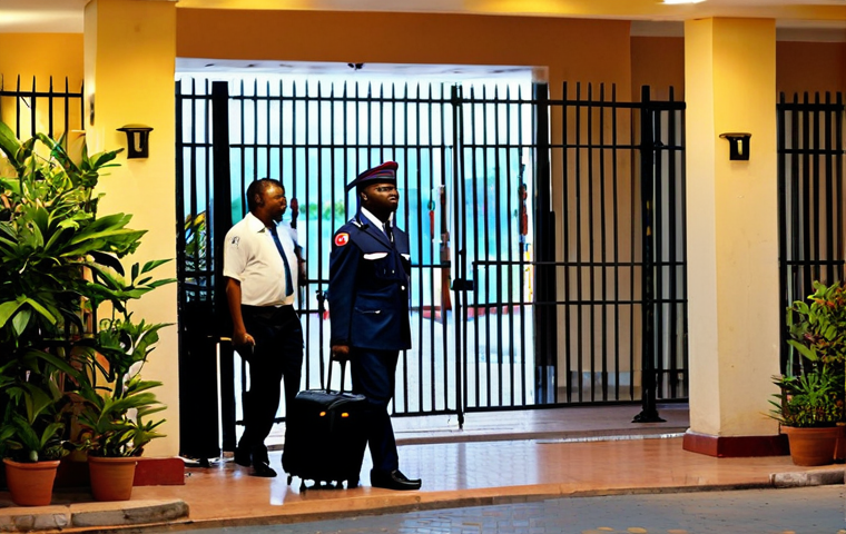 Safe Hotel Arrival**
"A fully clothed traveler arriving at a modest, secure hotel in Bangui at dusk. Security guards are visible at the entrance. The hotel has a high fence and bright lighting. The traveler is carrying a suitcase. Safe for work, appropriate content, professional environment, well-lit, perfect anatomy, natural proportions, fully clothed, family-friendly."
**