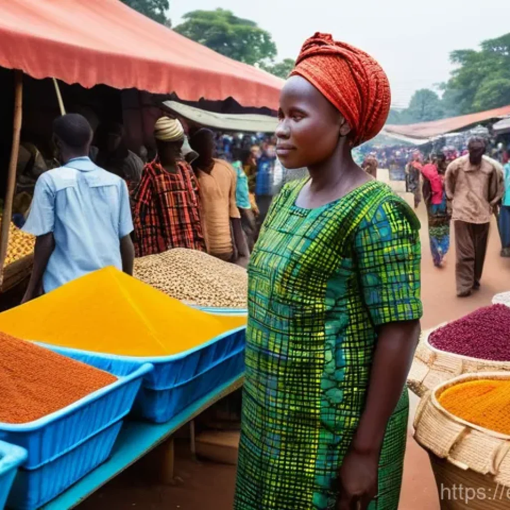 중앙아프리카 공화국 환전 및 통화 정보 - **Vibrant Central African Market Transaction:** A wide-angle, sun-drenched shot of a bustling open-a...