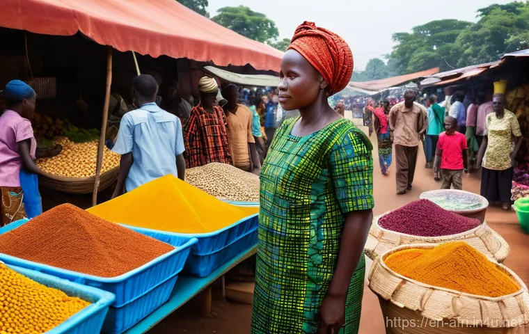 중앙아프리카 공화국 환전 및 통화 정보 - **Vibrant Central African Market Transaction:** A wide-angle, sun-drenched shot of a bustling open-a...