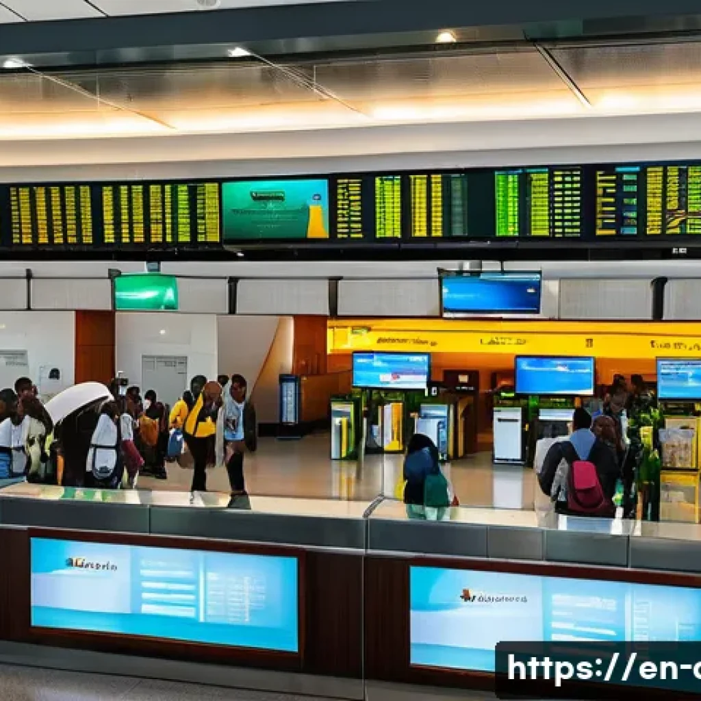 중앙아프리카 공화국 비행기 예약 - A bustling international airport terminal with travelers from diverse backgrounds checking in at Eth...
