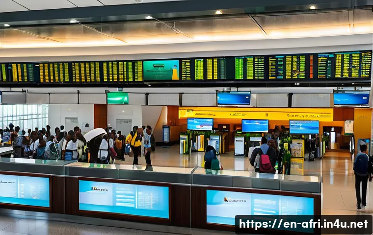 중앙아프리카 공화국 비행기 예약 - A bustling international airport terminal with travelers from diverse backgrounds checking in at Eth...