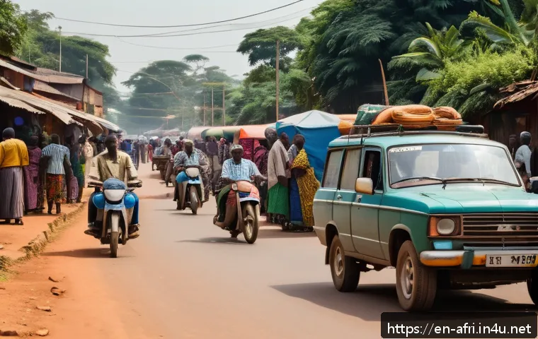 중앙아프리카 공화국의 독특한 법률 - A bustling urban street scene in the Central African Republic featuring cars and motorcycles with dr...