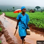 중앙아프리카 공화국 의료 시스템 - A remote Central African village scene during the rainy season, showing muddy, impassable dirt roads...