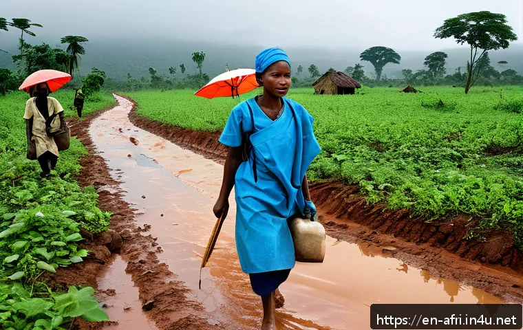 중앙아프리카 공화국 의료 시스템 - A remote Central African village scene during the rainy season, showing muddy, impassable dirt roads...